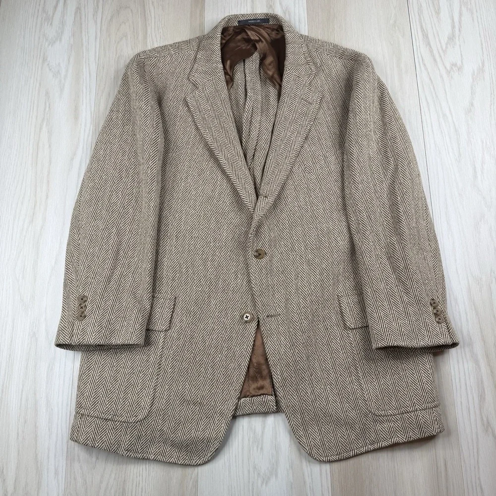 J. Press Herringbone Tweed Blazer Sport Coat Men's Size 48R Made In USA Cotton